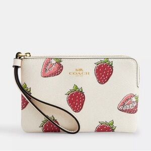 Coach Cream Wristlet with Red Strawberry Print